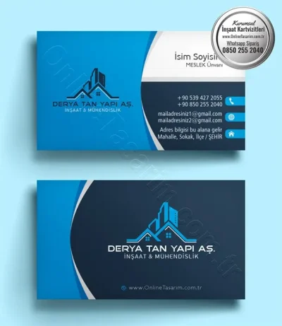 Bu inşaat kartvizit tasarımı, beyazın ferahlığı ve mavinin güven veren tonlarıyla inşaat mühendisleri ve müteahhitler için uygun bir kartvizit baskı seçeneği sunuyor.