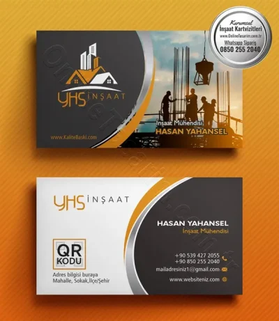Kartvizitin arka yüzünde beyaz zemin üzerinde turuncu ve gri kıvrımlı hatlar ve bir QR kod bulunuyor.