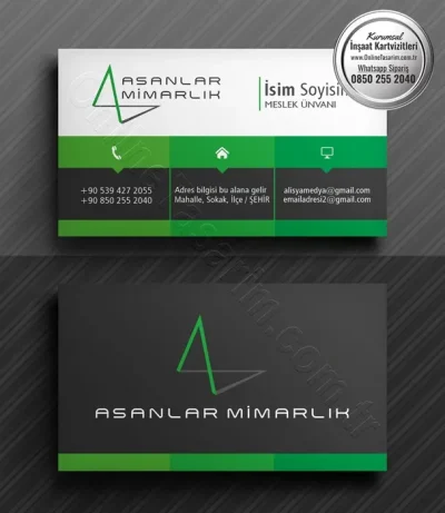 Kartvizitin arka yüzünde koyu gri zemin üzerine yeşil logo ve alt şerit kullanılarak sade ve şık bir görünüm elde edilmiş.