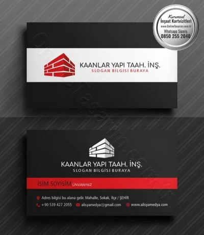 Kartvizitin arka yüzünde gri zemin üzerine kırmızı bir şerit ve iletişim bilgileri için ayrılmış alanlar bulunuyor.