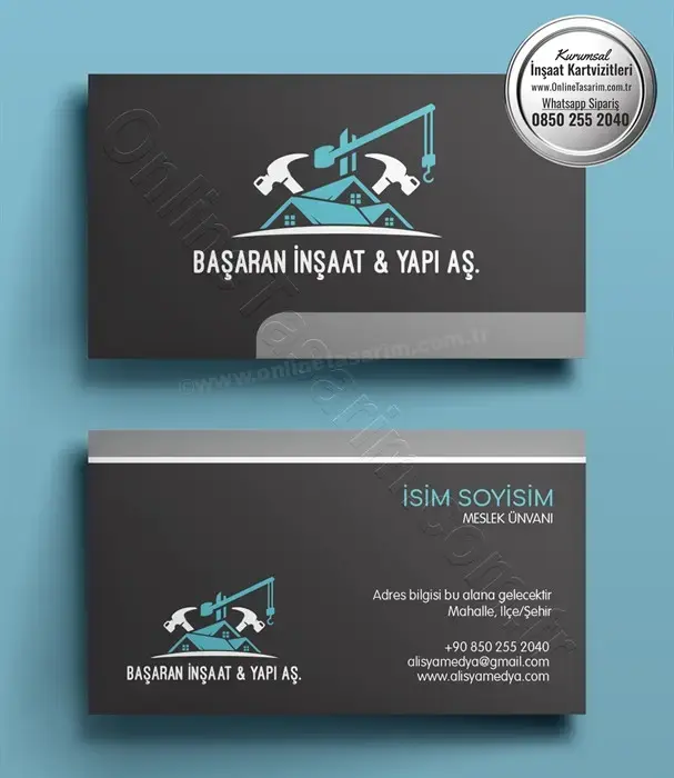 Kartvizitin arka yüzünde beyaz bir şerit üzerinde iletişim bilgileri için ayrılmış alanların bulunduğu bu inşaat kartvizit tasarımı profesyonel bir görünüm sunuyor.