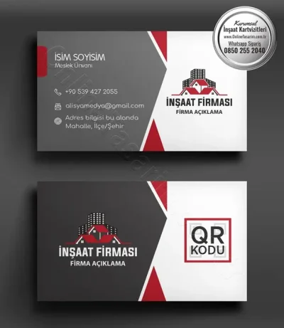 Kartvizitin arka yüzünde QR kodu için ayrılmış bir alanın bulunduğu bu inşaat kartvizit tasarımı pratik bir kullanım sunuyor.