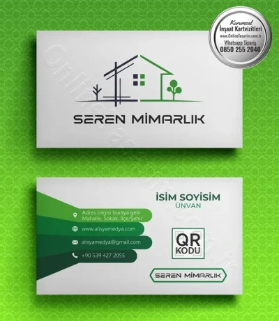 Kartvizitin arka yüzünde yeşil açılı şeritler ve bir QR kodunun bulunduğu bu inşaat kartvizit modeli modern bir görünüm sunuyor.