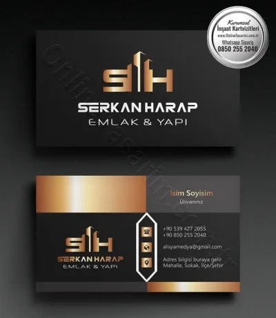 Kartvizitin arka yüzünde altın rengi şeritler ve iletişim bilgileri için ayrılmış alanların bulunduğu bu inşaat kartvizit modeli dikkat çekici bir tasarım sunuyor.