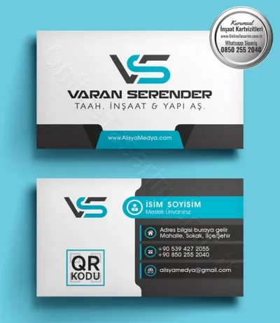 Kartvizitin arka yüzünde turkuaz bir alan üzerinde iletişim bilgileri için ayrılmış beyaz bölümlerin bulunduğu bu inşaat kartvizit modeli dinamik bir görünüm sunuyor.