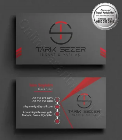 Kartvizitin arka yüzünde kırmızı bir şerit ve iletişim bilgileri için ayrılmış alanların bulunduğu bu inşaat kartvizit tasarımı profesyonel bir görünüm sunuyor.