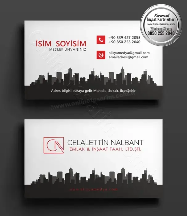 Kartvizitin arka yüzünde şehir silueti ve iletişim bilgileri için ayrılmış alanların bulunduğu bu inşaat kartvizit modeli profesyonel bir görünüm sunuyor.