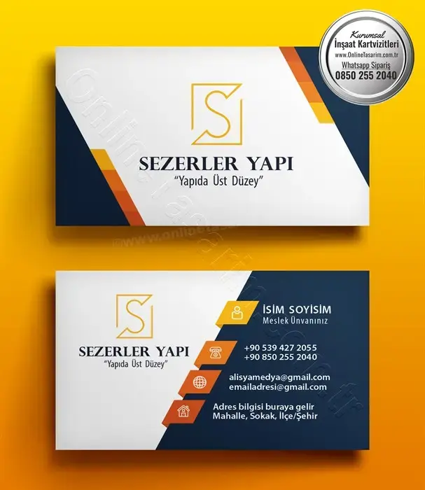 Kartvizitin arka yüzünde lacivert açılı bir alan ve iletişim bilgileri için ayrılmış beyaz bölümlerin bulunduğu bu inşaat kartvizit tasarımı profesyonel bir görünüm sunuyor.