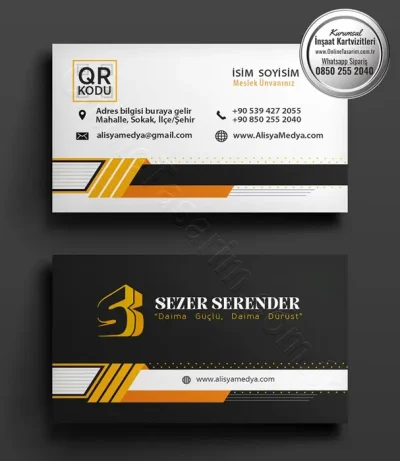 Turuncu ve siyah renklerin dinamik birleşiminin kullanıldığı bu inşaat kartvizit modeli, akılda kalıcı bir tasarım sunuyor.