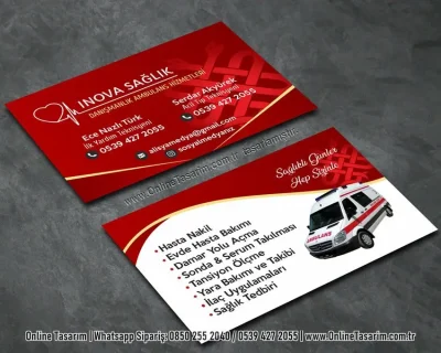 ambulans resimli kırmızı renklerde sağlık kabini kartvizit, hemşire kartvizit baskı örneği