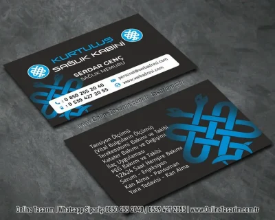 sağlık logosu içeren siyah ve mavi renklerde sağlık kabini kartvizit- hemşire kartvizit modeli