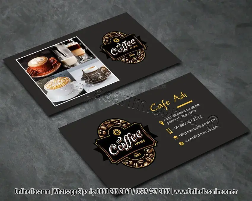 koyu renk kartvizit, espresso, latte kahve çeşitleri cafe kartvizit örneği