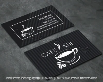 siyah renk çizgili kartvizit - büyük kahve logolu cafe kartvizit