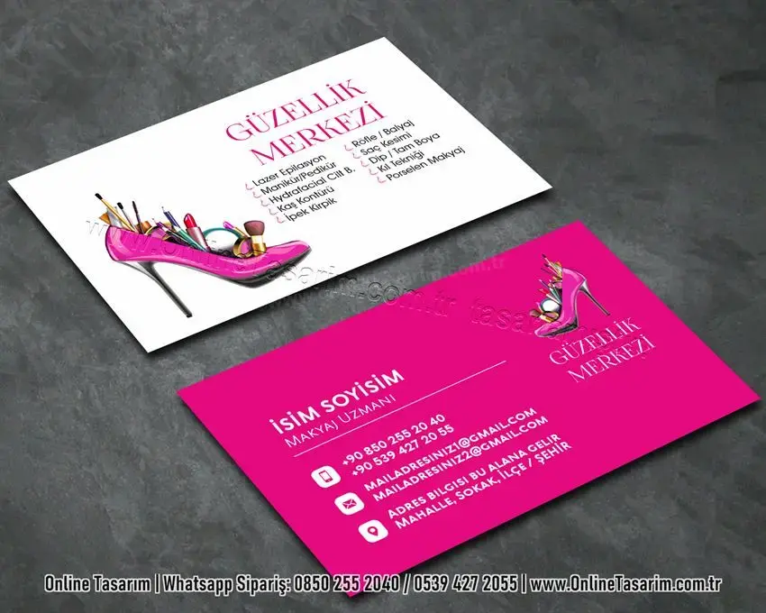 pembe renk güzellik kartvizit örneği - makyaj, saç, kuaför kartvizit