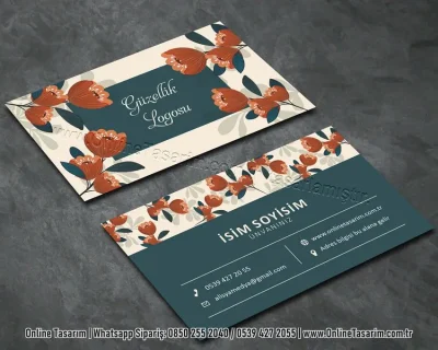 çiçekli kartvizit - koyu yeşil kartvizit güzellik kartvizit tasarımı