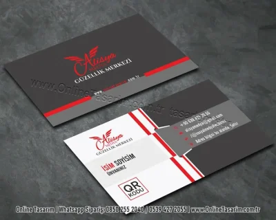 QR karekodu güzellik kartvizit örneği - kırmızı ve gri kartvizit