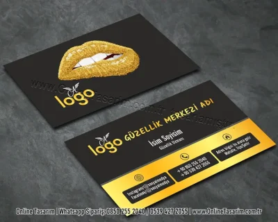 altın ve siyah renklerde tasarlanmış dudak resimli güzellik kartvizit örneği