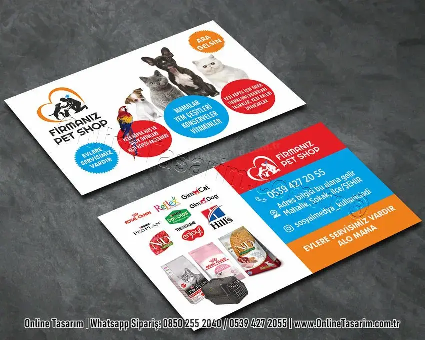 petshop kartvizit örneği, pet shop ürünleri satışı kartvizit modeli