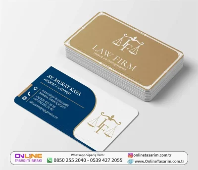 Bej ve Lacivert Renk Terazi Logolu Kurumsal Avukat Kartvizit