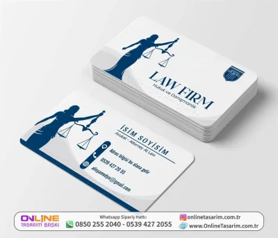 Beyaz Lacivert Renklerde Büyük Hukuk Logolu Avukat Kartvizit Örneği