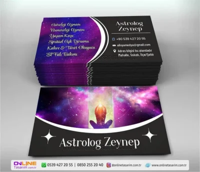 Siyah ve Mor Renk Uyumuyla Göze Çarpan Astroloji Kartvizit Örneği