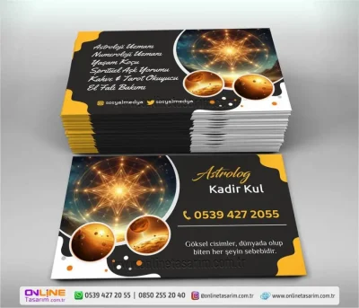 Canlı sarı ve siyah renklerin birleşimi, bu astroloji kartvizit tasarımına enerjik ve modern bir görünüm katıyor.