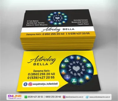 Kartvizitin merkezindeki renkli astroloji çarkı, bu astroloji kartvizit modelinin en dikkat çekici görsel unsuru olarak öne çıkıyor.