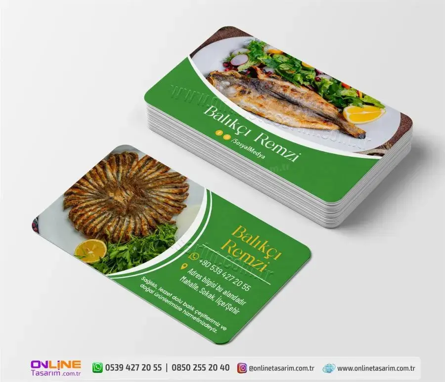Kartvizitin her iki yüzündeki profesyonel balık görselleri, bu Balıkçı Kartvizit modelinin bir Balık Restoran için ne kadar çekici olduğunu gösteriyor.