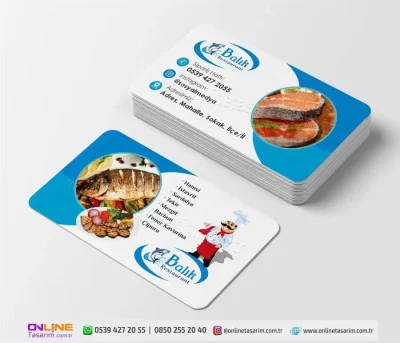 Kartvizitin ön yüzündeki somon fotoğrafı, bu Balıkçı Kartvizit modelinin bir Balık Restoran için ne kadar profesyonel olduğunu gösteriyor.