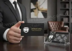 Damask desenli beyaz ve siyah uyumlu avukat kartvizit örneği