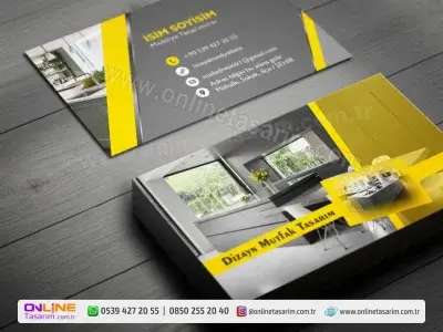 Gri zemin üzerine eklenen canlı sarı bantlar, bu Banyo Mutfak Kartvizit tasarımına yüksek bir enerji ve modern bir kontrast kazandırıyor.