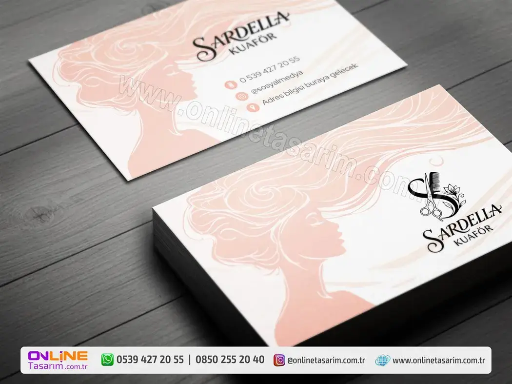 Zarif bir kadın silüeti ve akışkan saç illüstrasyonu içeren bu Bayan Kuaför Kartvizit, sanatsal bir görsel şölen sunmaktadır.