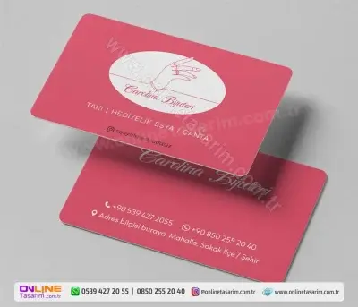 Canlı pembe rengin hakim olduğu bu Bijüteri Kartvizit, enerjik ve dikkat çekici bir stil arayan işletmeler için idealdir.