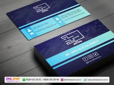 Binary (ikilik) kod arka planıyla zenginleşen bu bilgisayar mühendisi kartvizit, yazılım dünyasına doğrudan atıfta bulunur.