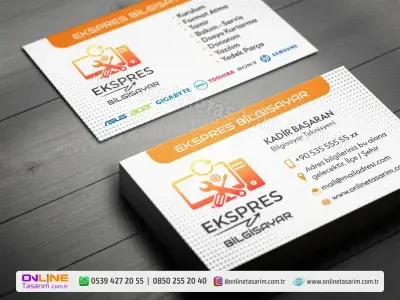 Beyaz zemin üzerine yerleştirilen turuncu detaylar, bu bilgisayarcı kartvizit örneğine enerjik ve samimi bir hava katıyor.