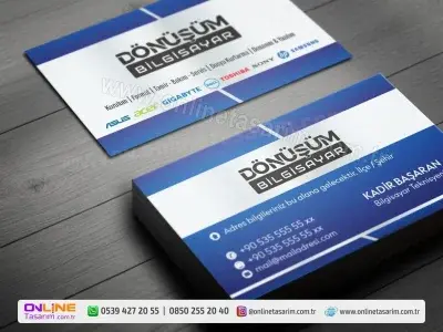 Mavi ve beyazın kurumsal uyumu, bu bilgisayarcı kartvizit tasarımına profesyonel bir ciddiyet ve güven aşılıyor.