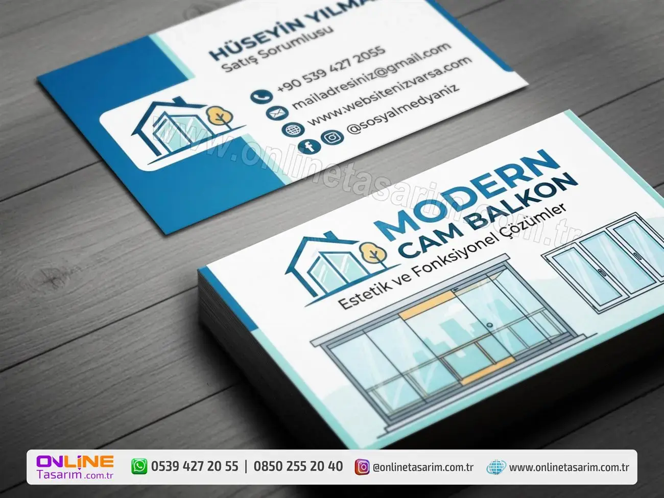 Cam Balkon Kartvizit tasarımı, kurumsal bir kimlik oluşturmak adına modern ve çizgisel bir logo illüstrasyonu ile desteklenmiş.