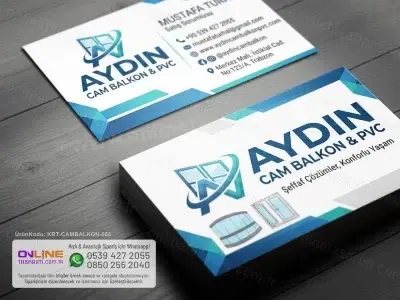 Mavi ve lacivert tonlarda modern Cam Balkon Kartvizit tasarım örneği