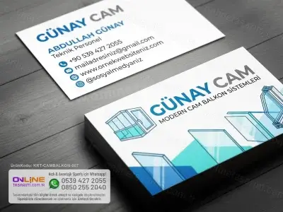 Geometrik detaylarla zenginleştirilen Cam Balkon Kartvizit tasarımı, modern stil ve kaliteli matbaa baskısı ile tamamlanır.