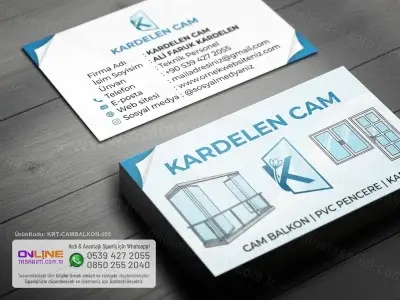 Pastel mavi ve beyaz tonlarda modern Cam Balkon Kartvizit tasarım örneği