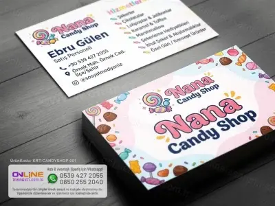 Canlı ve enerjik çizgilere sahip Candy Shop Kartvizit tasarımları, renkli şeker paleti ve modern tasarım anlayışı ile fark yaratır.