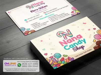 Profesyonel Candy Shop Kartvizit tasarımı; yaratıcı stil, canlı renkler ve güçlü matbaa altyapısı ile etkileyici sonuçlar sunar.
