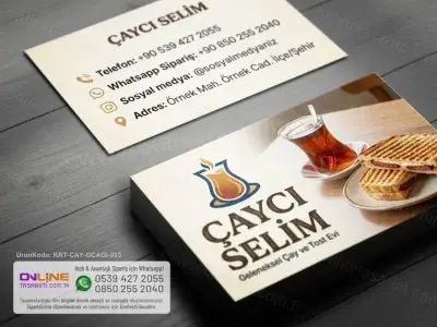 Müşteri bağlılığını artıran, sipariş hatlarını vurgulayan işlevsel ve profesyonel çay ocağı kartvizit görseli.