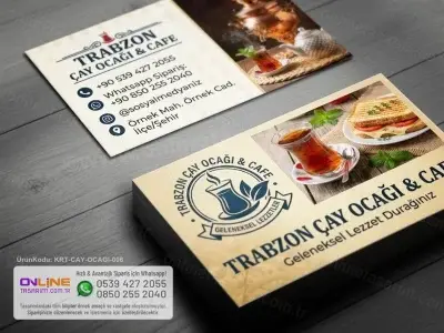 Müşteri bağlılığını artıran, sipariş hatlarını vurgulayan işlevsel ve profesyonel çay ocağı kartvizit görseli.