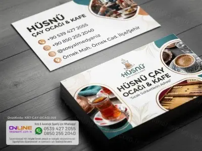 Mahalle kültürünün ve oyun keyfinin simgesi olan okey taşları ve çay bardağı figürlü çay ocağı kartvizit grafiği.