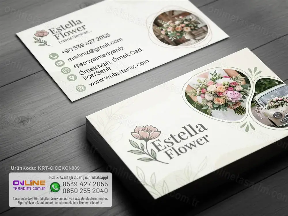 Estetik dokunuşlarla hazırlanan çiçekçi kartvizit, dikkat çekici bir stil oluşturur.