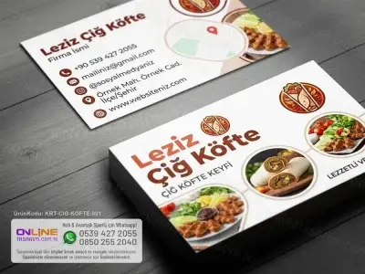 Çiğ köfte kartvizit tasarımında modern çizgiler ve iştah açıcı renk tonları kullanılarak markanızı hem estetik hem de dikkat çekici bir şekilde yansıtabilirsiniz.