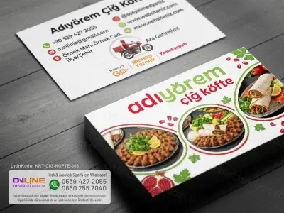 Çiğ köfte kartvizit tasarımında doğru tipografi ve dengeli yerleşim kullanımı, okunabilirliği artırırken markanızın prestijini yükseltir.