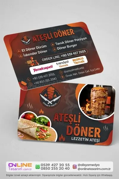 Anasayfa 31 Özenli bir tasarımla hazırlanan döner dürüm kartvizit, lokantanızın kaliteli hizmet anlayışını görsel olarak ifade eder.