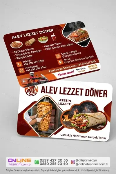 Sipariş ve paket servis bilgilerine yer verilen döner dürüm kartvizit, hızlı iletişim için işletmenize avantaj sağlar.